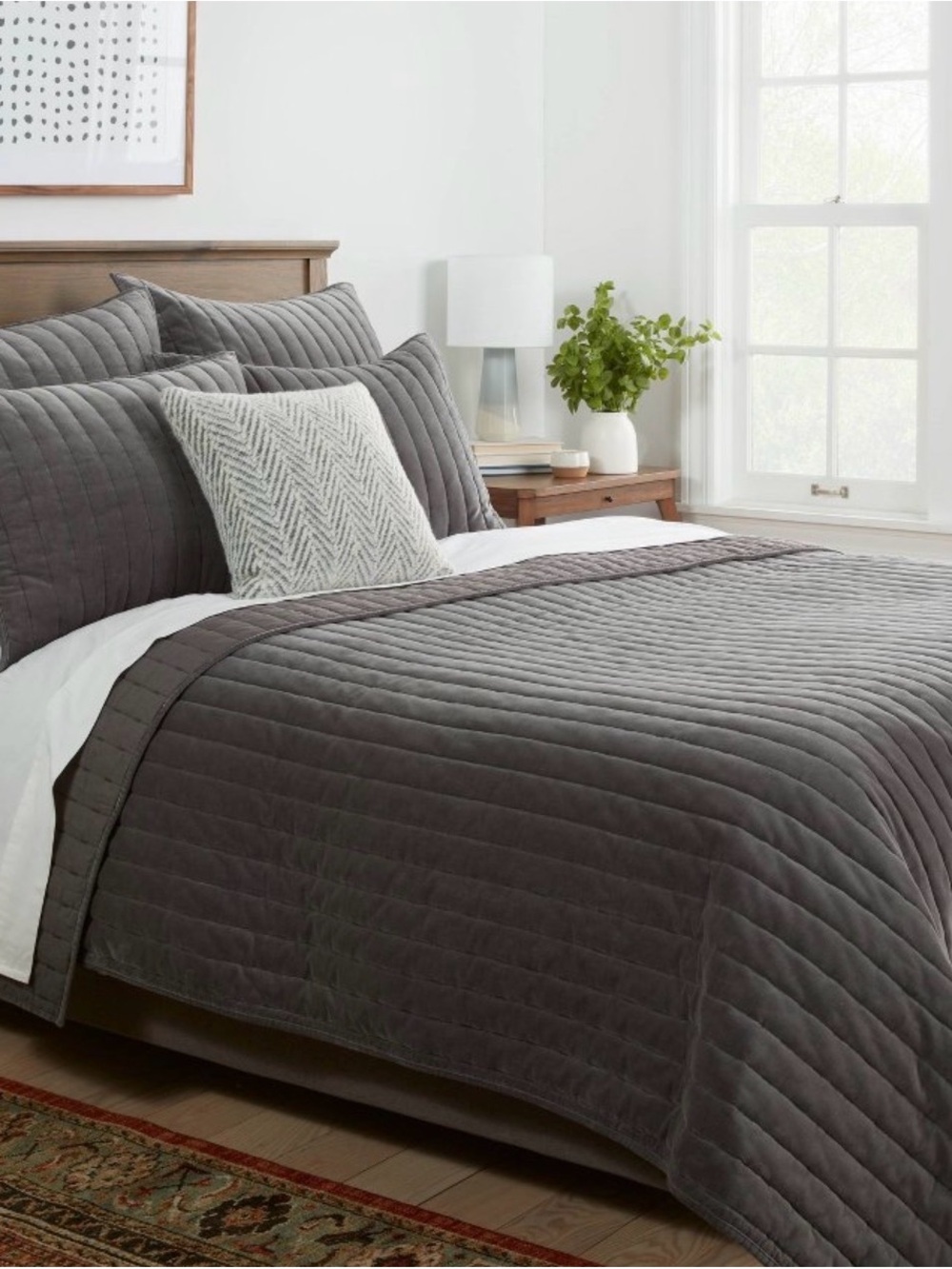 King Channel Stitch Velvet Quilt Charcoal - Threshold™: Cotton Backing, Year Rou